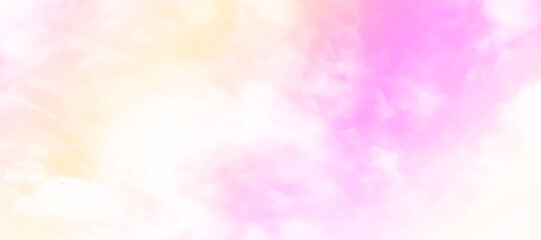 Fototapeta na wymiar Colorful puffy fluffy cloud & cotton candy cloudscape on sunrise or sunset sky in tropical summer or spring sunlight & sun ray with gradient colors of yellow, pink, purple, surreal concept