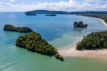 Fototapeta premium Drone view of islands in Ao Nang Bay and Noppharat Thara Beach on sunny day. Krabi Province, Thailand.