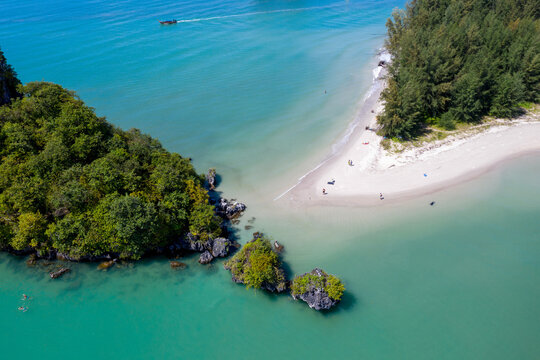 Birds eye view of Noppharat Thara Beach on sunny day. Ao Nang, Krabi Province, Thailand.