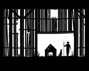 A farmer and his dog are seen at the entrance to a very old barn in rural America in an illustration on a transparent background.