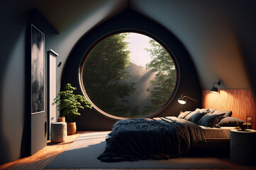 concept art for a beautiful bedroom with a round wooden window and a rounded roof with a beautiful view to the forest with volumetric light, Generative AI