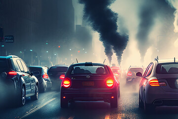 pollution from the exhaust of cars, Traffic jam in the city, AI digital illustration.