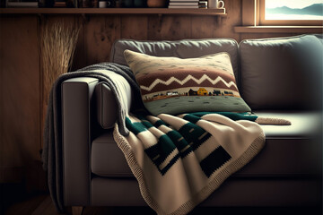 thick and cozy wool knit blanket piled on a midcentury couch in a warm cabin