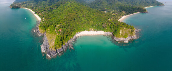 Panoramic aerial view of the beaches on western part of Ko Lanta island on sunny day. Krabi Province, Thailand.