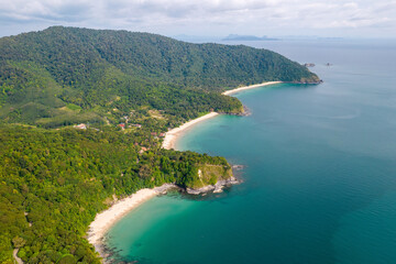 Aerial view of beaches of of south-western part of Ko Lanta island on sunny day. Krabi Province, Thailand.