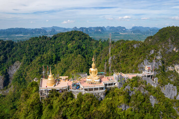 Fototapeta na wymiar Drone view of viewpoint in Tiger Cave Temple on sunny day. Krabi, Thailand.
