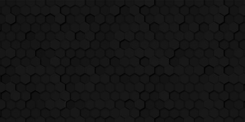 Black wall with hexagon tiling. Dark background with carbon hexagonal tiles or polygonal cells. Abstract geometric backdrop with honeycomb pattern or texture. Modern monochrome vector illustration.