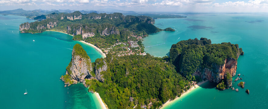 Panoramic aerial view of Phra Nang and Railay beaches on sunny day. Ao Nang, Krabi Province, Thailand.