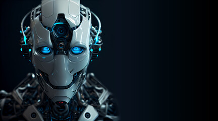Robot android with blue lights isolated in black background created with a Generative AI technology	