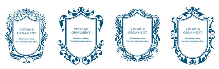 表彰状、オリエント柄、アラベスク柄、ダマスク柄の飾り罫ビンテージのフレームのセット、エンブレム