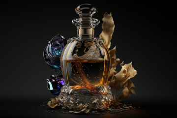 perfume bottle with reflection black background, perfume glass, empty perfume, empty bottle, transparent bottle, with Generative AI Techonology.