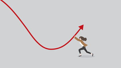 Fototapeta na wymiar A minimal style of a red down graph of the financial crisis, economic downturn, inflation, recession, failure, bankruptcy, and crisis concept. A businesswoman pushes decrease business chart diagram.