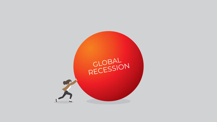 Business recession concept. the financial crisis, economic downturn, inflation, recession, failure, bankruptcy, and crisis. Businesswoman pushes the big red ball. A minimal style vector illustration.