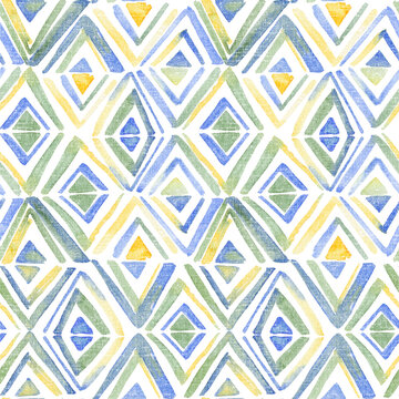 Modern green with yellow and blue watercolor geometric diamond shaped ogee allover seamless organic tile pattern on yellow.green,blue background.
