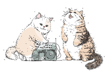 Two fluffy kittens at a party or karaoke. The cat sings a song and listens to music. Cute pets and tape recorder. Sketch hobby friends. Hand drawn vector illustration
