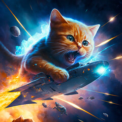 Giant Tabby Ginger Cat God in Outer Space Destroying Fleet of Capital Ships and Fighters Explosion