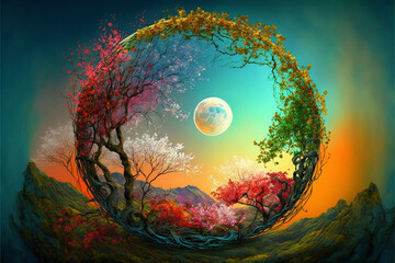 Obraz na płótnie Canvas Spring Wreath Equinox Painting with Full Moon and Mountains Generative AI