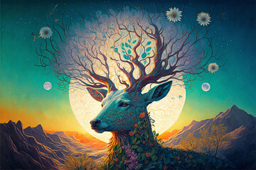 Deer covered in Plants with Antlers Turning into Branches Spring Equinox Painting Generative AI - obrazy, fototapety, plakaty