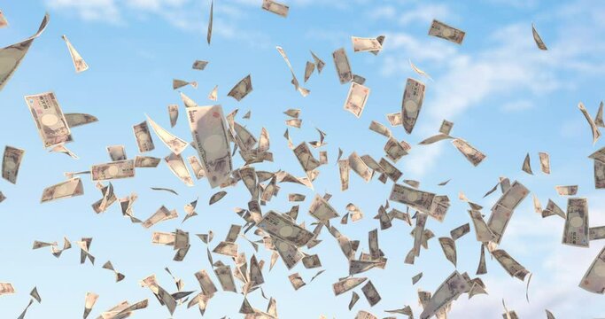 Video of many Japanese 10,000 yen bills scattered. Blue sky background. 4k compatible. 3D motion graphics. Currency Finance Symbol of success in Japan.