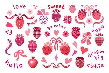 Valentine #lovecore aesthetic set. Isolated plaid and polka dots strawberries, classic pink and red hearts, flowers, ribbons collection. Text: love, xoxo, be mine, dream big, sweet, cutie, hello, <3.