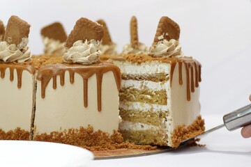 selective focus of caramel biscoff cake. Biscoff layer cake isolated on white background. copy...
