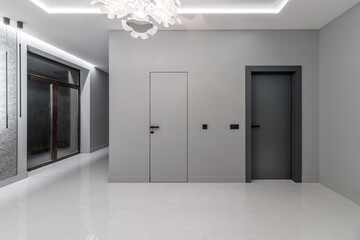 A simple modern gray wall with a black and gray door in an empty room. Interior design element of modern interior design in a modern house