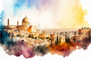 Naklejka premium Jerusalem city watercolor panoramic painting. Generative AI