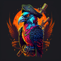 T-shirt print with pirate bird in fluorescent colors, Generative ai