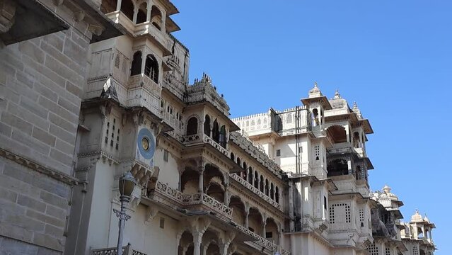 Udaipur, Rajasthan, India 1st January 2023: Udaipur City Palace Famous romantic luxury Rajasthan and Indian iconic tourist landmark. Majestic Interiors of City Palace made by Mewar dynasty Rajputs.