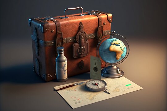 3D Render Travel Supplies with a globe, map and a compass. AI generated