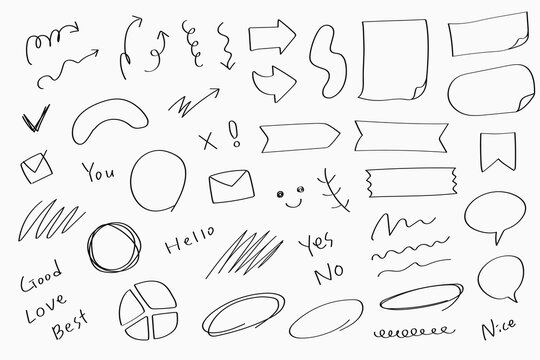 Hand drawn doodles, scribbles , speech bubbles and sticky paper