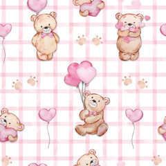 Seamless pattern Valentine's Day of watercolor teddy bears and balloons
