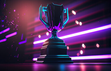 E-Sports winner trophy at studio illuminated by purple neon lights with blurred background. Generative AI. - obrazy, fototapety, plakaty