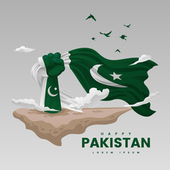 Pakistan Resolution Day Brave Hand Rise up with National Flag on Earth Vector Illustration