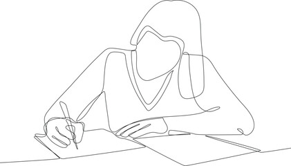Continuous one line drawing smart businesswoman writing business plan on paper. Project planning concept. Single line draw design vector graphic illustration.