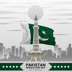 Pakistan Resolution Day High Tower with National Flag and Cityscape Background
