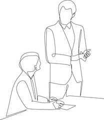 Continuous one line drawing businessman discussing with his staff about project management. Project planning concept. Single line draw design vector graphic illustration.