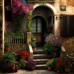 a charming house with lots of colorful plants and flowers at the entrance. Generative AI