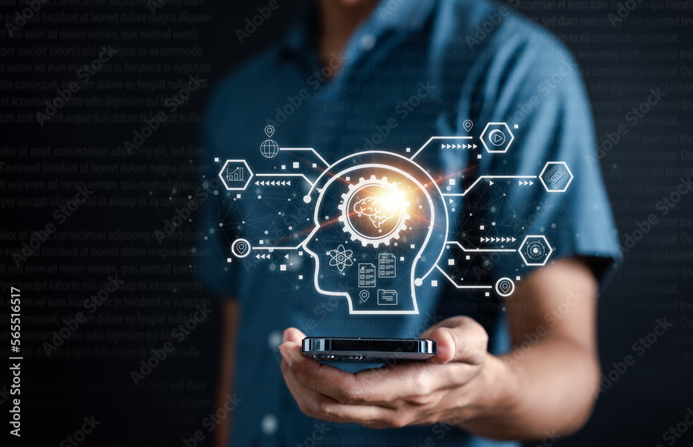 Aufkleber Businessman using chatbot in smartphone intelligence Ai. Chat with AI Artificial Intelligence, developed by OpenAI generate. Futuristic technology, robot in online system.