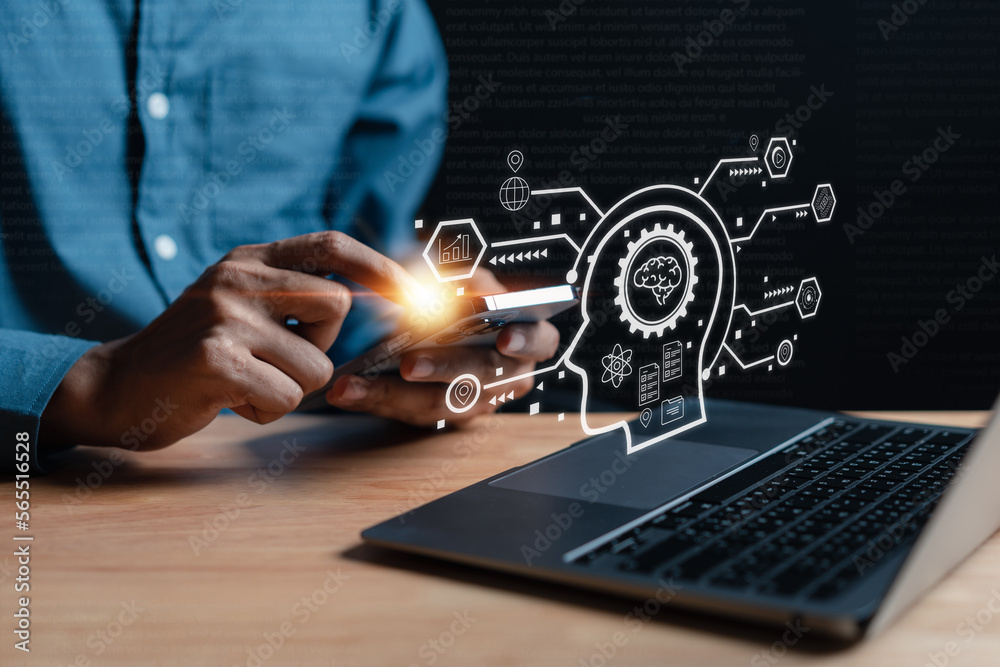 Aufkleber Businessman using chatbot in smartphone intelligence Ai. Chat with AI Artificial Intelligence, developed by OpenAI generate. Futuristic technology, robot in online system.