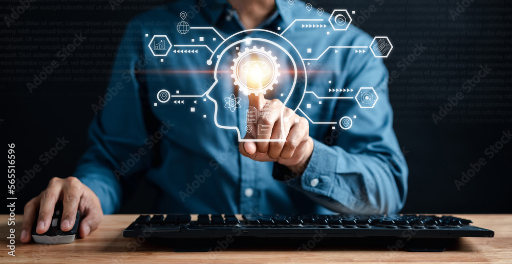 Poster Chat with AI Artificial Intelligence. Businessman using  chatbot in computer smart intelligence Ai, artificial intelligence developed by OpenAI. Futuristic technology, robot in online system.