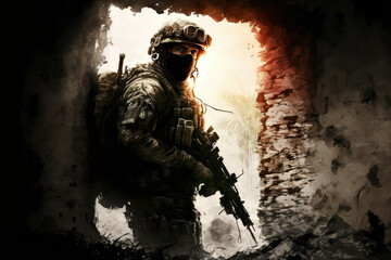 Generative AI illustration of military combat troops in terrorist infiltration black ops scenario