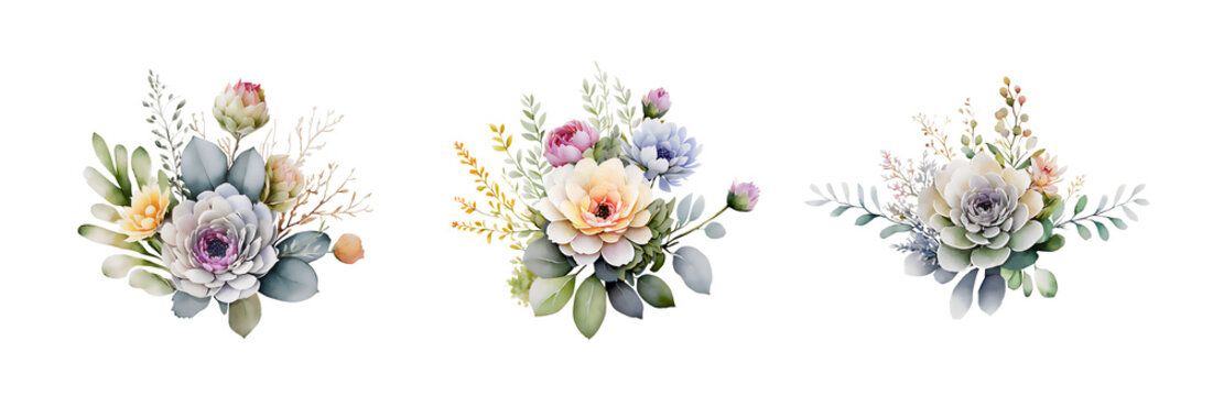 A mini bouquet succulent, Watercolor-style pastel colors, made with generative AI