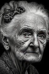 Generative AI illustration of hyper detailed pencil drawing of beautiful old lady portrait