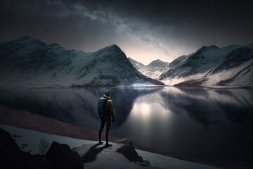 Fototapeta na wymiar Generative AI illustration of lone hiker looking at distant mountain landscape across lake at night, health and wellbeing conceptual image