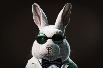 White Bunny Rabbit with in a white tuxedo with a bowtie and sunglasses