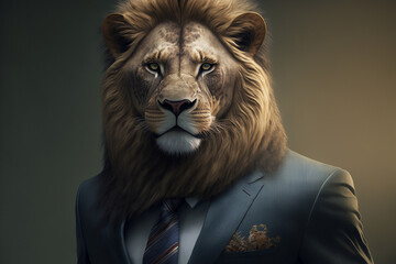 Majestic Lion in a suit and tie posing for a business picture