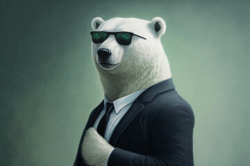 Formal Polar Bear wearing a suit and tie with sunglasses - obrazy, fototapety, plakaty