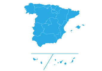 spain Provinces map. High detailed blue map of spain  on PNG transparent background.