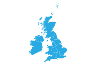 united Kingdom map. High detailed blue map of UK on PNG transparent background.